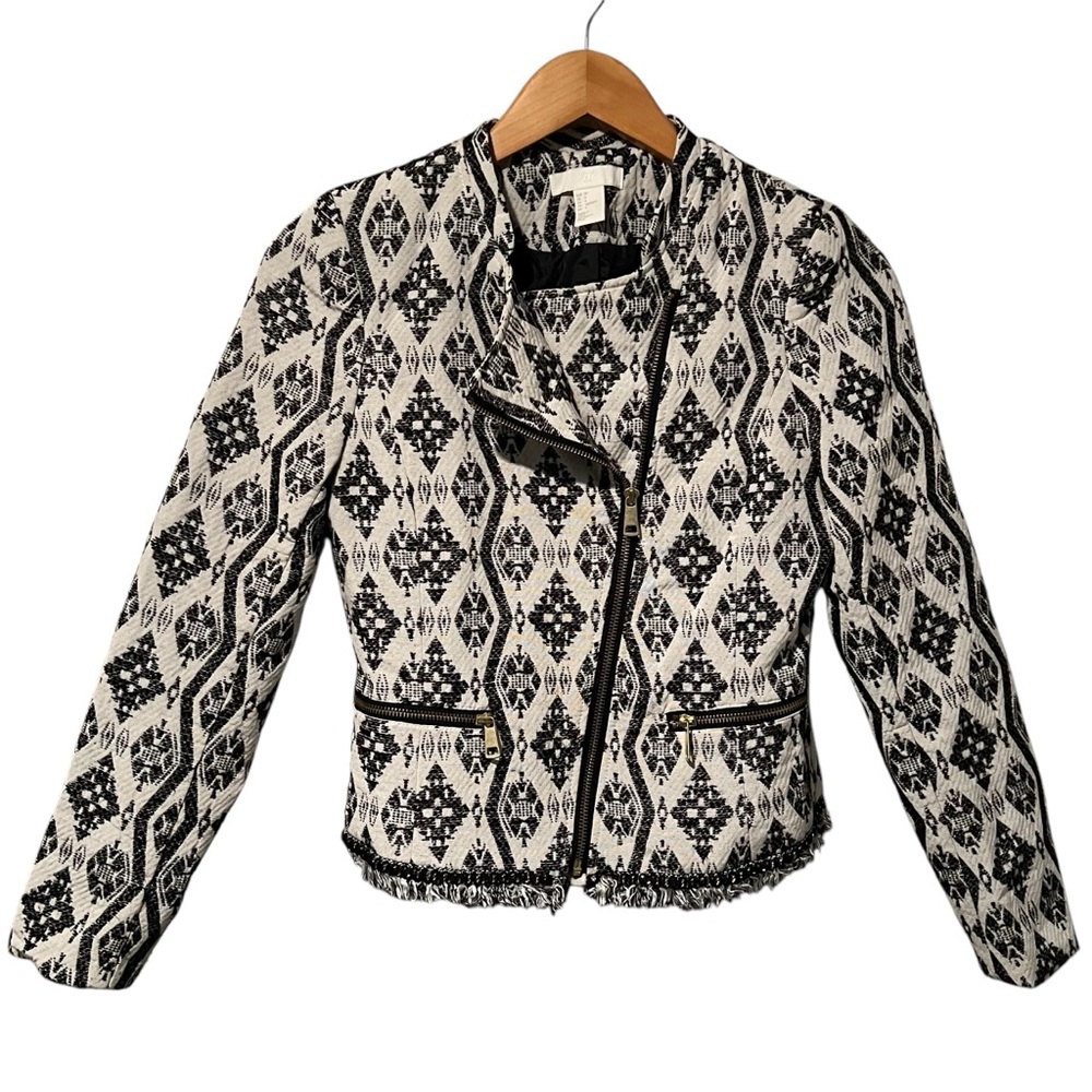 H&M Abstract Pattern Gold Zipper Tassle Coat Size 4